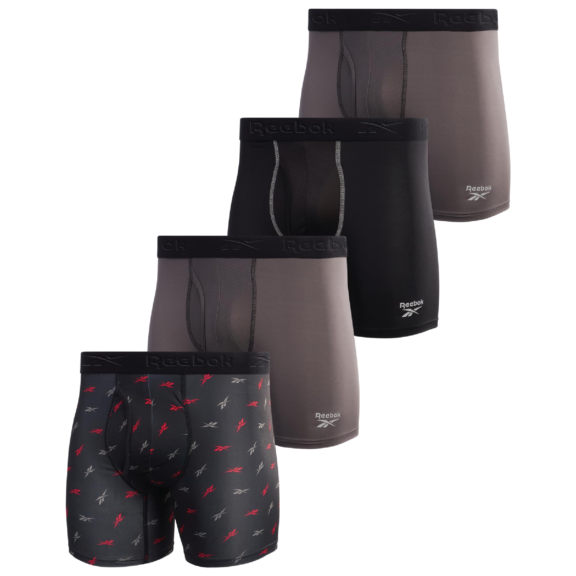 Reebok Mens Boxer Briefs - 4 Pack Stretch Performance Mens Underwear Boxers with Functional Fly Pouch (Sizes: S-XL), Grey/Black/Print, L