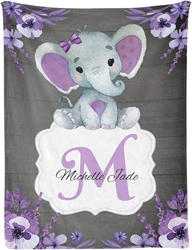 Manta de bebé personalizada, monograma de elefante floral morado, manta personalizada para guardería, 30 x 40 pulgadas, para bebé, niño y niña con