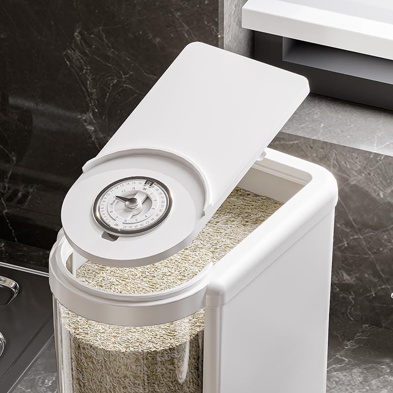 Reisbehälter mit Messbecher, verbesserte integrierte Frischebox, Müsli-Spender, Aufbewahrung mit Deckel, für Zuhause, Küche, Speisekammer, Reis, Sojabohnen, Mais und große Körner, Weiß, 11,3