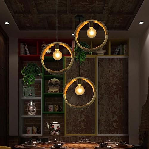 Miniatura 2 de chandelier , Retro Farmhouse Chandelier Creative Art Bar Loft Single Head Pendant Light Circular Hemp Rope and Bamboo Ceiling Light 1-Light