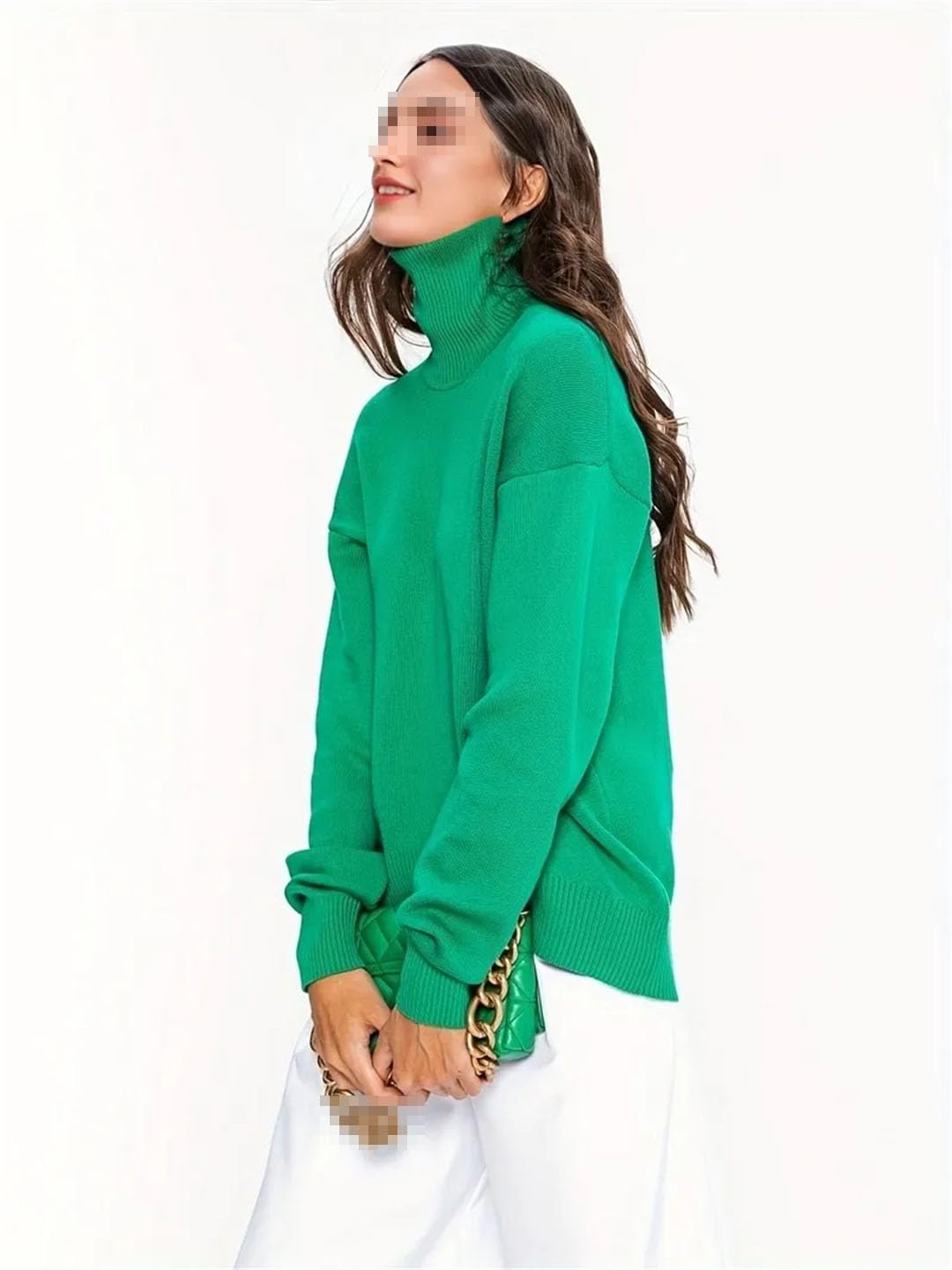 Maglione da donna a collo alto, a maniche lunghe, lavorato a maglia