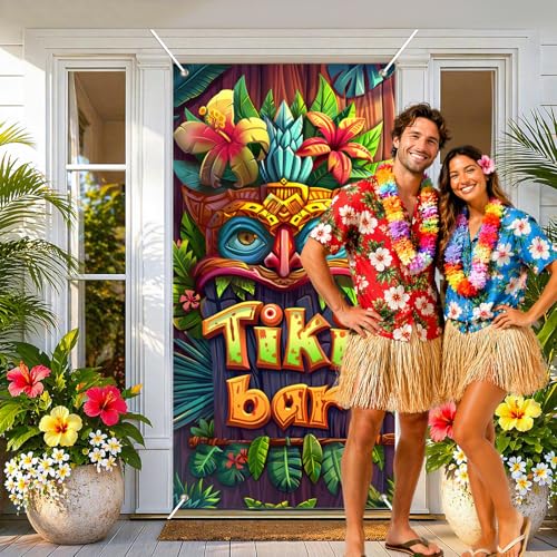 Image of BissYard Tiki Bar Door Cover 71 x 35 Inches Tropical Tiki Mask Door Banner Hawaiian Luau Party Front Door Decoration Indoor Outdoor Porch Island Theme Decor