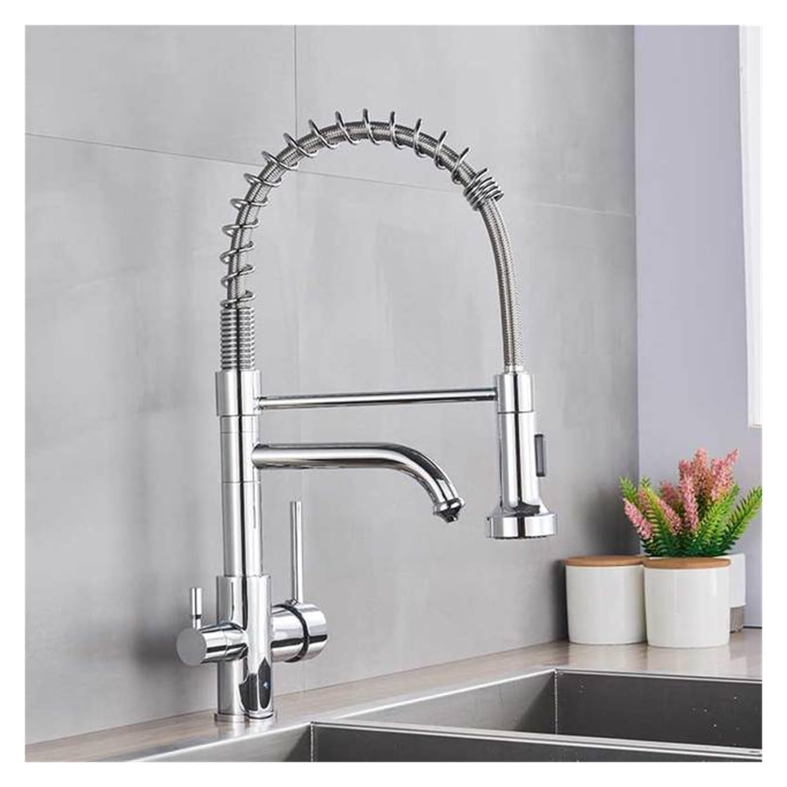 Robinet de filtration cuisine double poignée eau chaude froide et pure éclat chrome