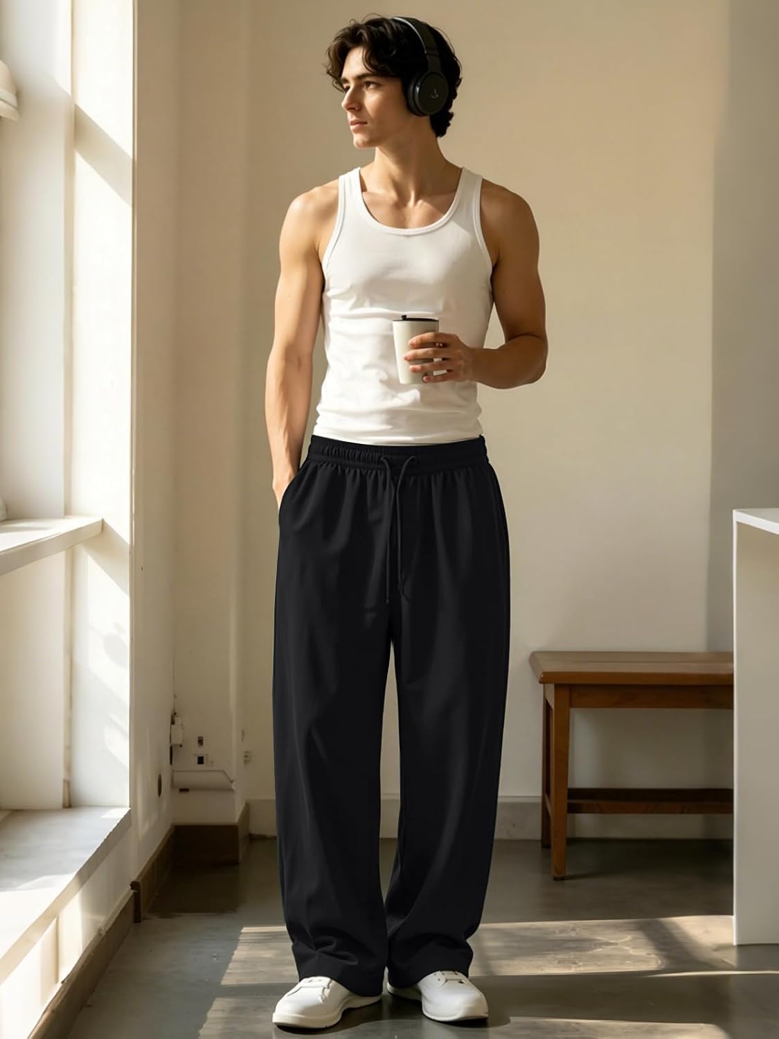 Men's Baggy Sweatpants Wide Leg Elastic Waist Athletic Joggers Loose Lounge Pants with Pockets