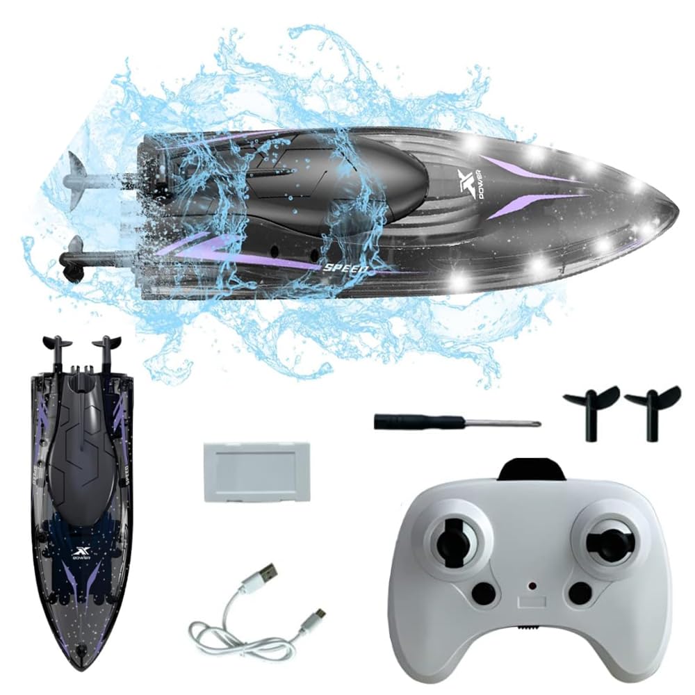 Azonee Remote Control Boat, High-Speed RC Boat with LED Lights - Outdoor Water Toy Gift for Children - 2.4 GHz Remote Control Submarine, Racing Boats, for Pools, Lakes, Ponds Gift (Black)