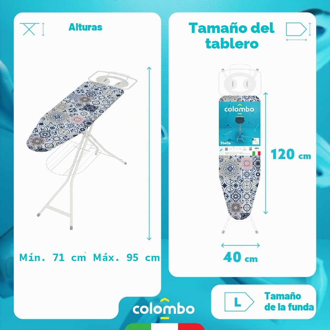 Colombo Stella Tabla de Planchar, Metal/Funda de algodón, Multicolor, tamaño de la Tabla de Planchar 120 x 40 cm
