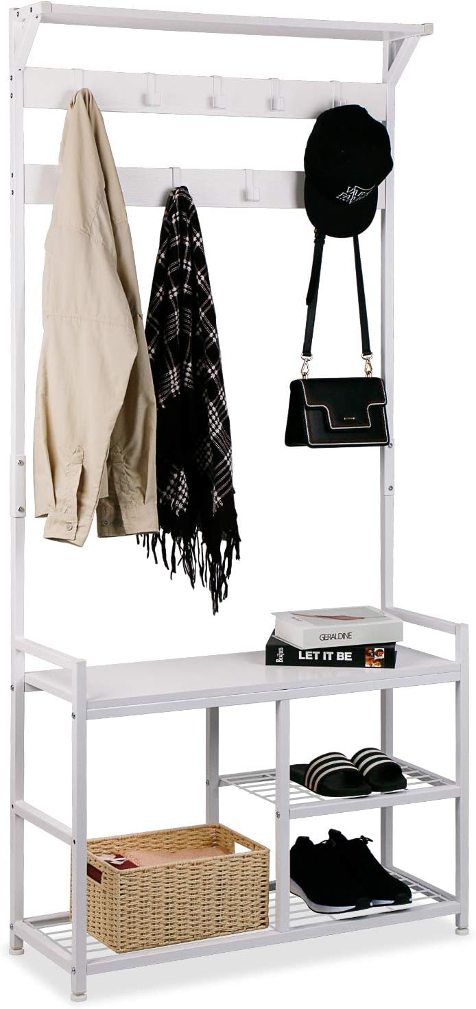 – Hallway Coat Stand Industrial Coat Rack free standing Hall Tree with Shoe Bench 9 Hooks Metal Frame 33"x12"x71.5"(L/W/H) White