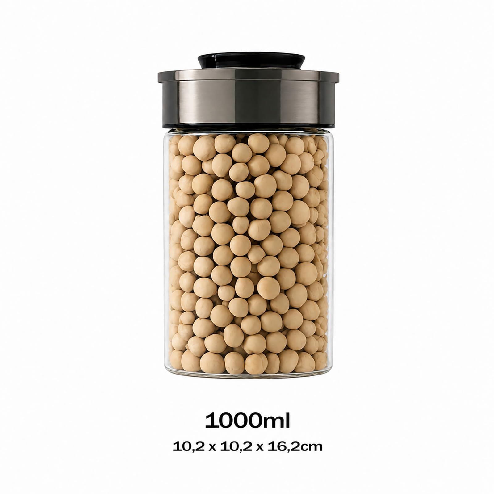 BURI Juego de 6 tarros de cristal de 1000 ml, herméticos con tapa de acero inoxidable y cierre de clic, apilables, aptos para lavavajillas, para cocina, almacenamiento de alimentos