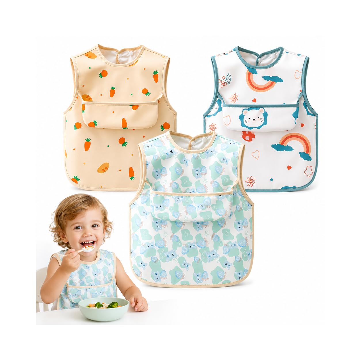 Lot de 3 Bavoirs Tablier Bébé Imperméables, Bavoir Plastique Enfant avec Poche Récupératrice, Tablier Repas Sans Manches, Bavette Bébé Facile à Nettoyer pour Manger, Peindre, Jouer, 2-4 Ans