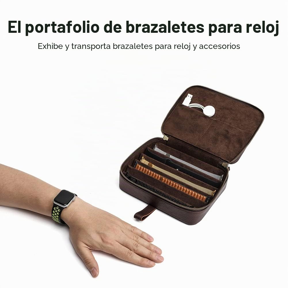 Hiram Organizador de cuero para correas de reloj con asa, caja de almacenamiento portátil para Apple Watch y correas mecánicas