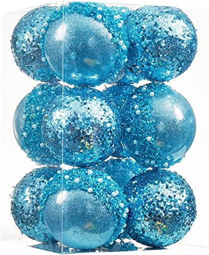 Christmas Ball Ornaments, Baby Blue Christmas Tree Shatterproof Plastic Hanging Sequin Xmas Balls for Festivals Party Decorations(70mm/2.76", 12 Counts)