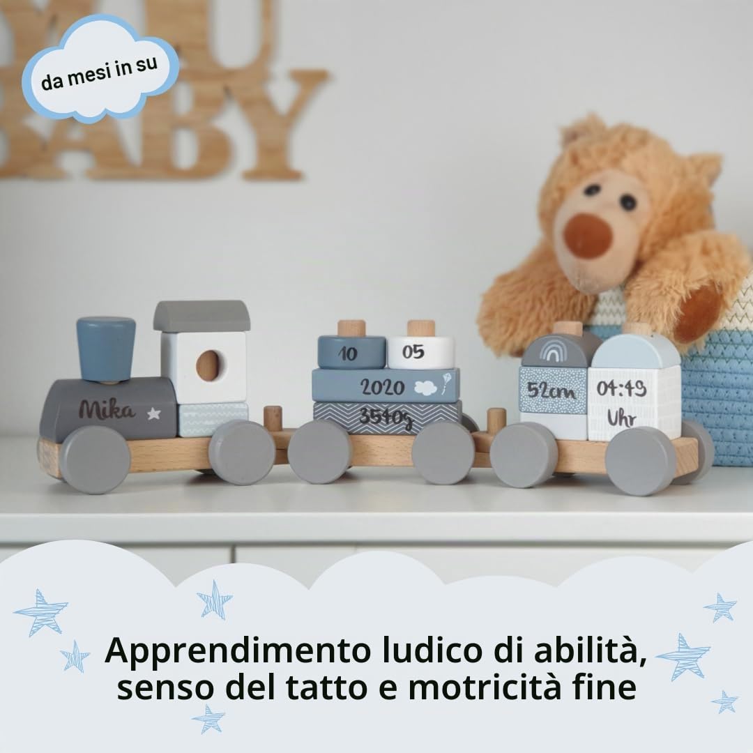 KIDSLINO Ferrovia in legno blu – personalizzabile, per nascita, ragazzo, giocattolo in legno fatto a mano con stampini, regali personalizzati per bambini, treno in legno con nome e date di nascita