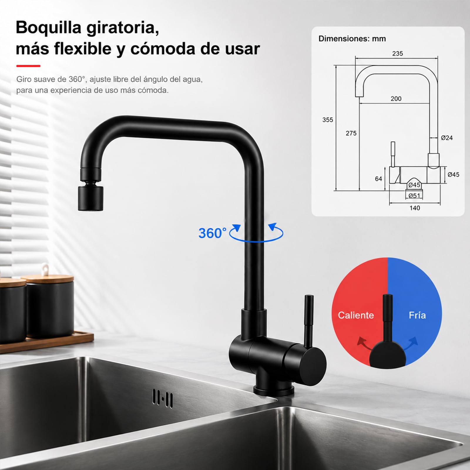 Grifo de Cocina Abatible Bajo Ventana, Negro Satinado