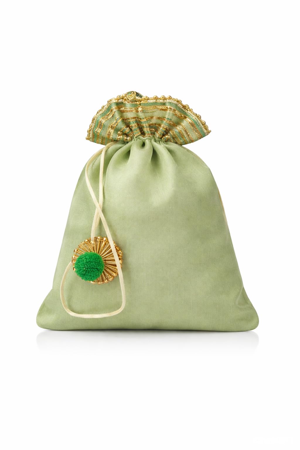 Silk Potli Bags with Golden Gota Patti Work, Drawstring Closure, Decorative Pom Pom Tassels, Wedding Favor Gift Pouches,-image-26