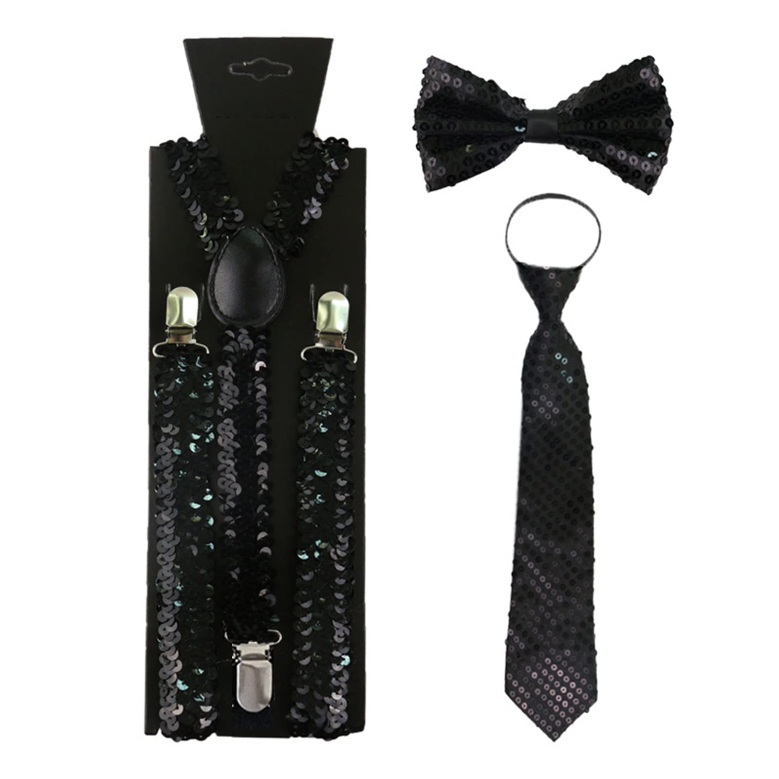 BANANMen Women 3-In-1 Fish Scales Sequins Y-Back Adjustable Suspenders Bowite Necktie Set Outfits Cosplay Costume Mens Necktie Set