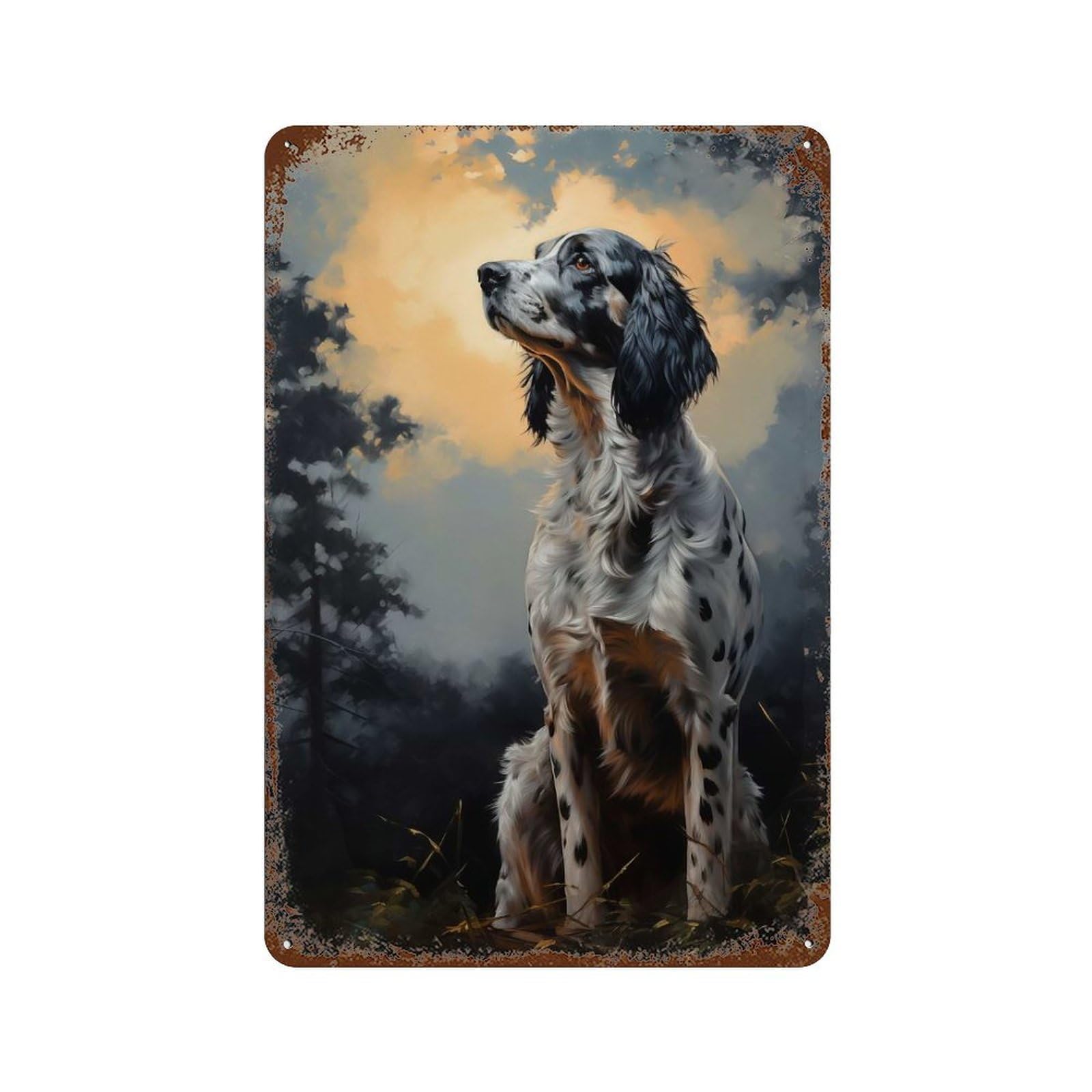 Rust Effect English Setter at Night Aged Metal Wall Plaque 11.8"x7.9", Shabby Chic Decor for Basement, Hobby Room And Garage Decor