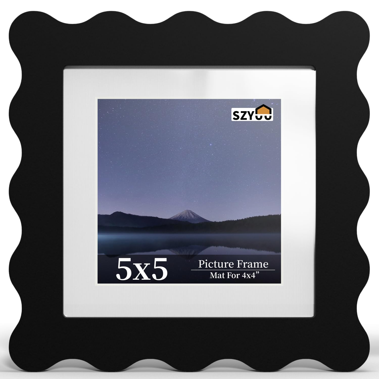 SZYUU 5x5 Wavy Picture Frame with Mat for 4x4, Real Glass and Wooden​ Frame - Tabletop or Wall Hanging Photo Frame(1 Pack,Black) — image 1