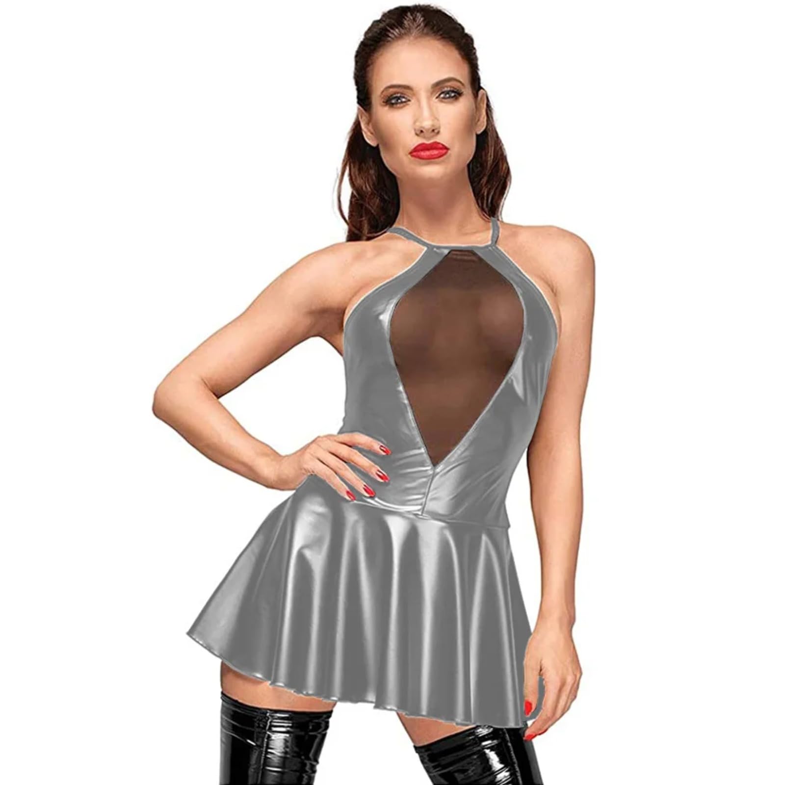 ODITE Sexy Femmes PU Cuir Patchwork Maille fibrShort Robe Cami Sangle Criss-Cross Dos Nu A-Ligne Robes Club fête S-7XL