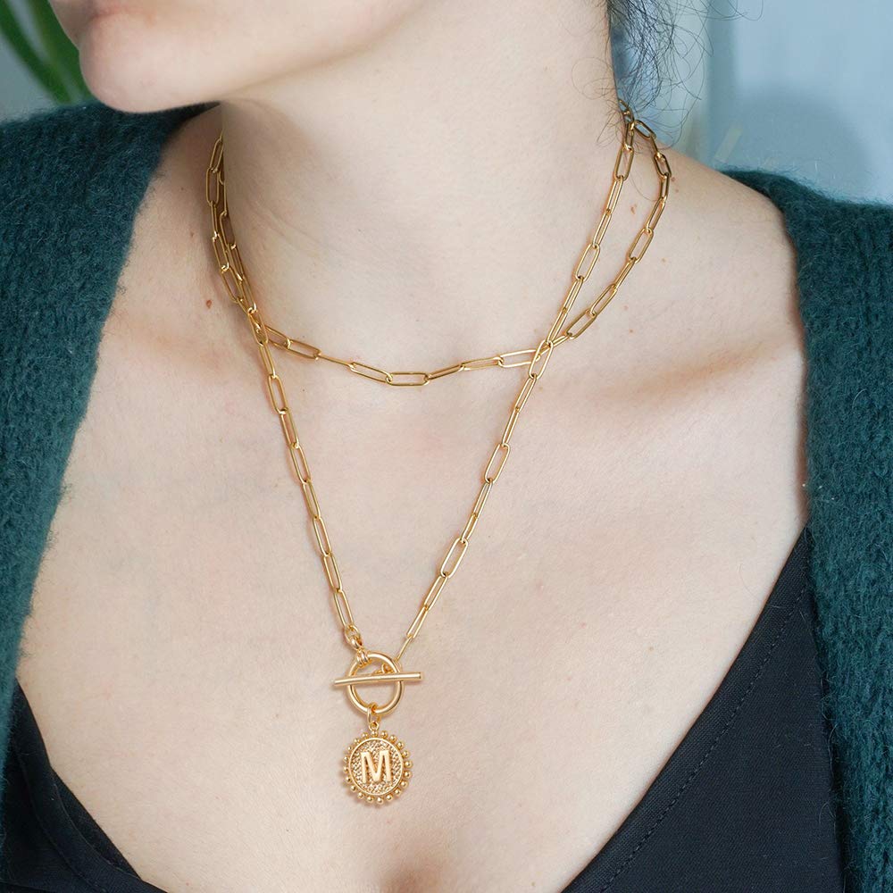 Gold Layered Initial Necklaces for Women, 14K Gold Plated Dainty Layering Paperclip Link Chain Necklace Personalized Toggle Clasp Coin Initial Pendant Layered Necklaces for Women Gold Jewelry