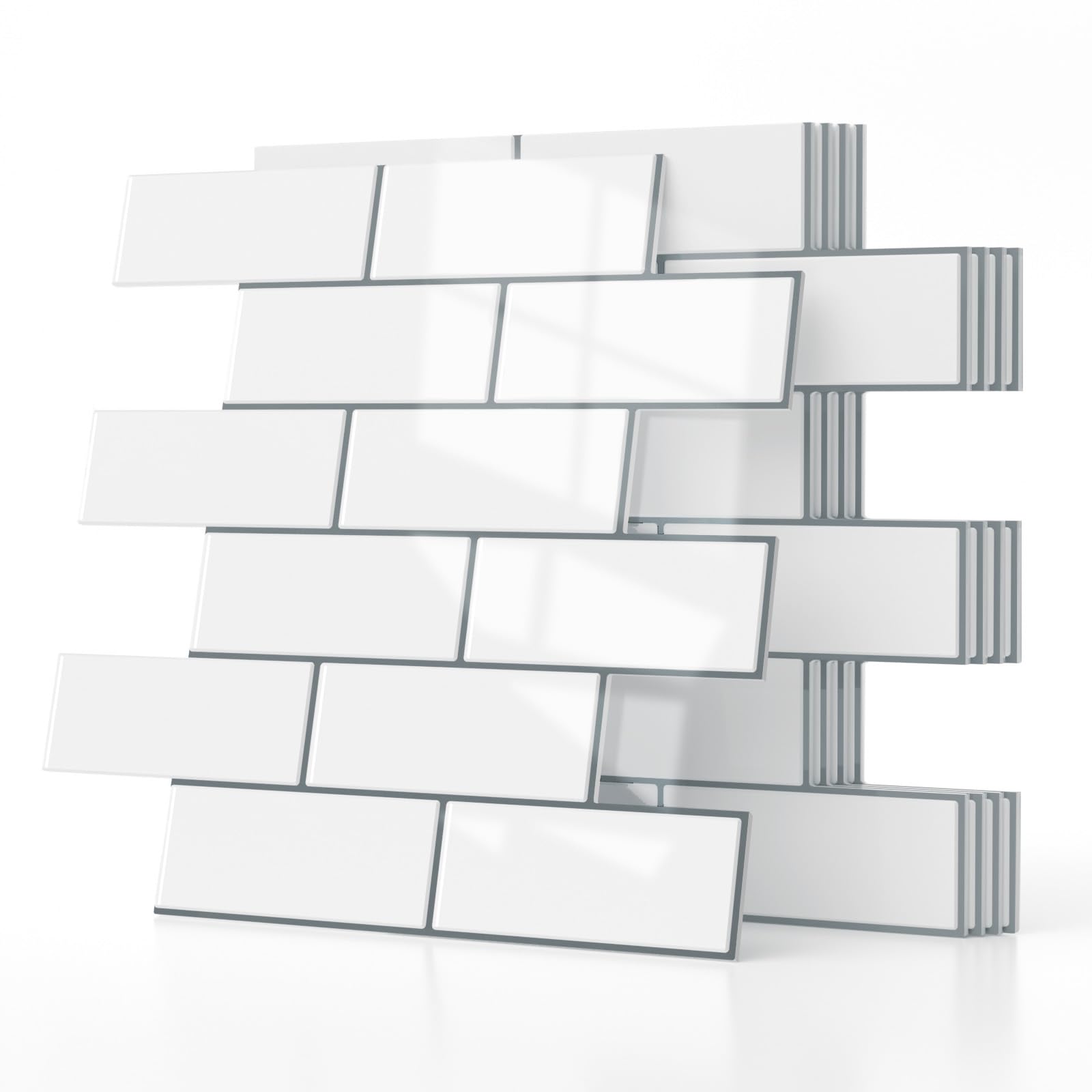 WADILE 3D Peel and Stick Subway Wall Tiles, 5PCS Aluminum Foil Backing Foam Brick Panels for Kitchen Bathroom Backsplash, Waterproof Self Adhesive Wall Stickers, White — image 1