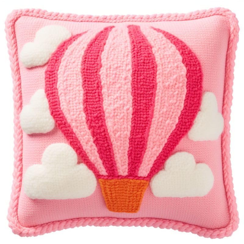 Latch Hook Kits Pillow Cover for Beginner Color Printed Canvas Yarn Crocheting Carpet Cushion Embroidery Hook and Latch Pillowcase Sofa Decoration 43x43cm Pink hot air Balloon 2