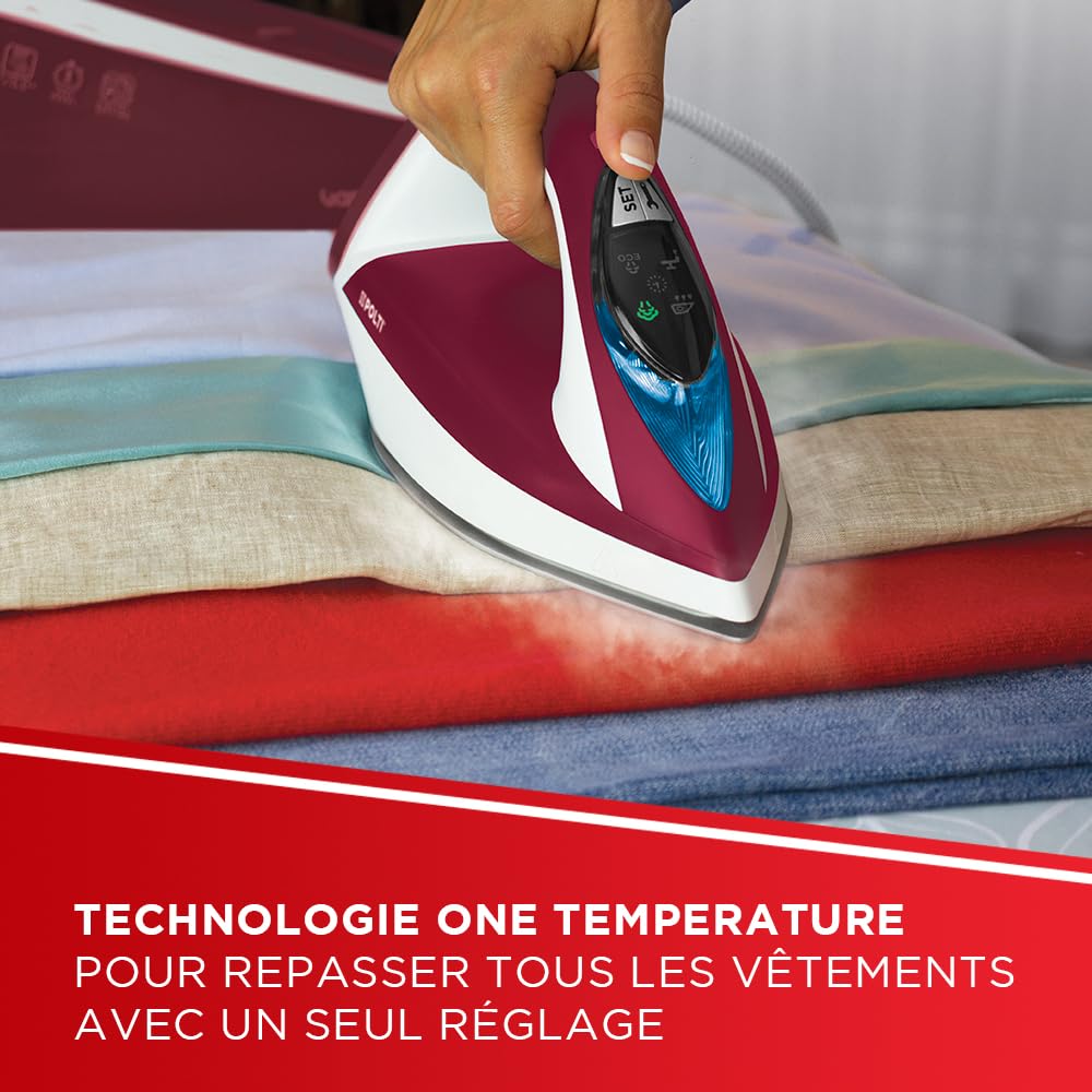 Polti Vaporella Express VE30.40 Fer à repasser à générateur de vapeur, Pression 8 bars, 2 100 W, fonction Eco, technologie « One Temperature », commandes numériques, bordeaux et blanc