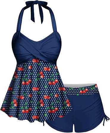 ROSE GAL Women Plus Size Two Piece Tankini Swimsuits Retro Cherry Dots Print Halter Cinched Ruched Modest Bathing Suits