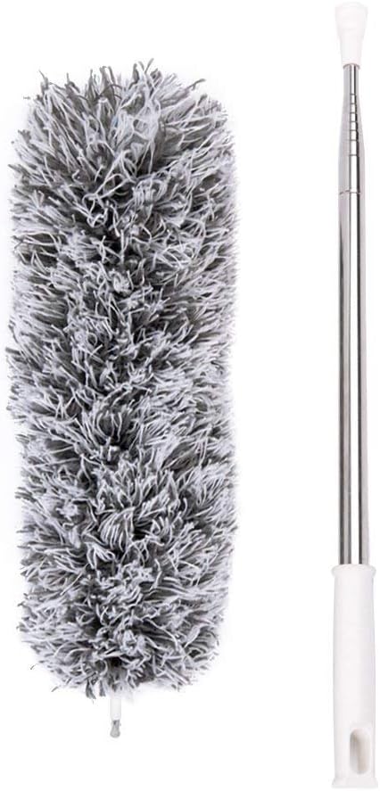 HJHY Microfiber Duster with Extendable Stainless Steel Pole (110 inches) and Washable Bendable Head - Great for Cleaning High Ceilings/Ceiling Fan/Cobweb/Cars - Easy Clean Up Hard-reachable Area