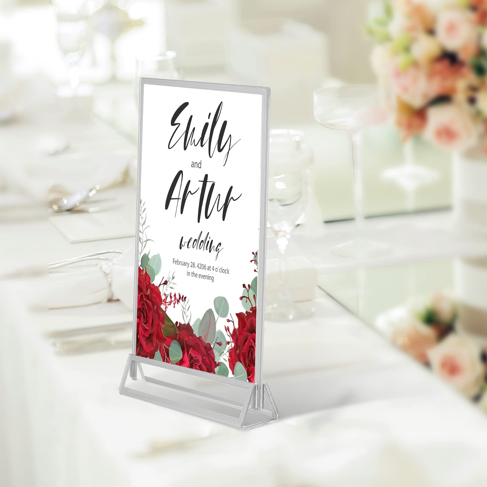Blulu Paquete de 12 soportes acrílicos para letreros de doble cara, soportes para números de mesa de boda con borde y soportes verticales transparentes para menú de boda, fiesta, restaurante (5 x 7