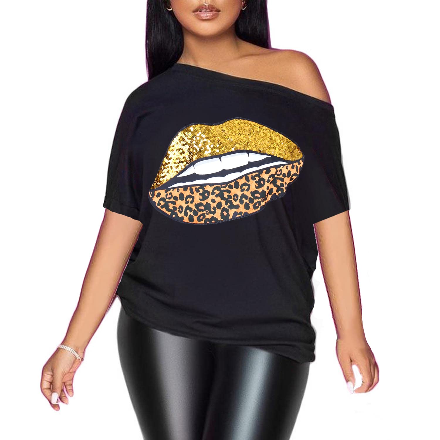 PESION Womens Short Sleeve T-Shirt Sequined Tops O-Neck Funny Graphic Tees Blouse