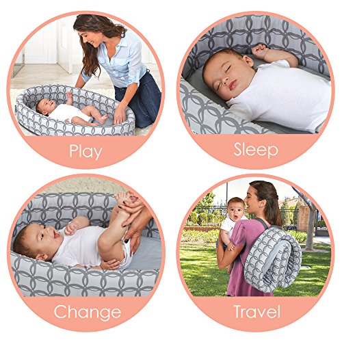 Image of Lulyboo Portable Baby Travel Lounge & Playpen - Indoor /Outdoor Cuddle & Play Baby Bed, Adjustable Backpack, Waterproof, Lightweight, Includes Changing Pads, Plush Toys & Removable Canopy (Classic)