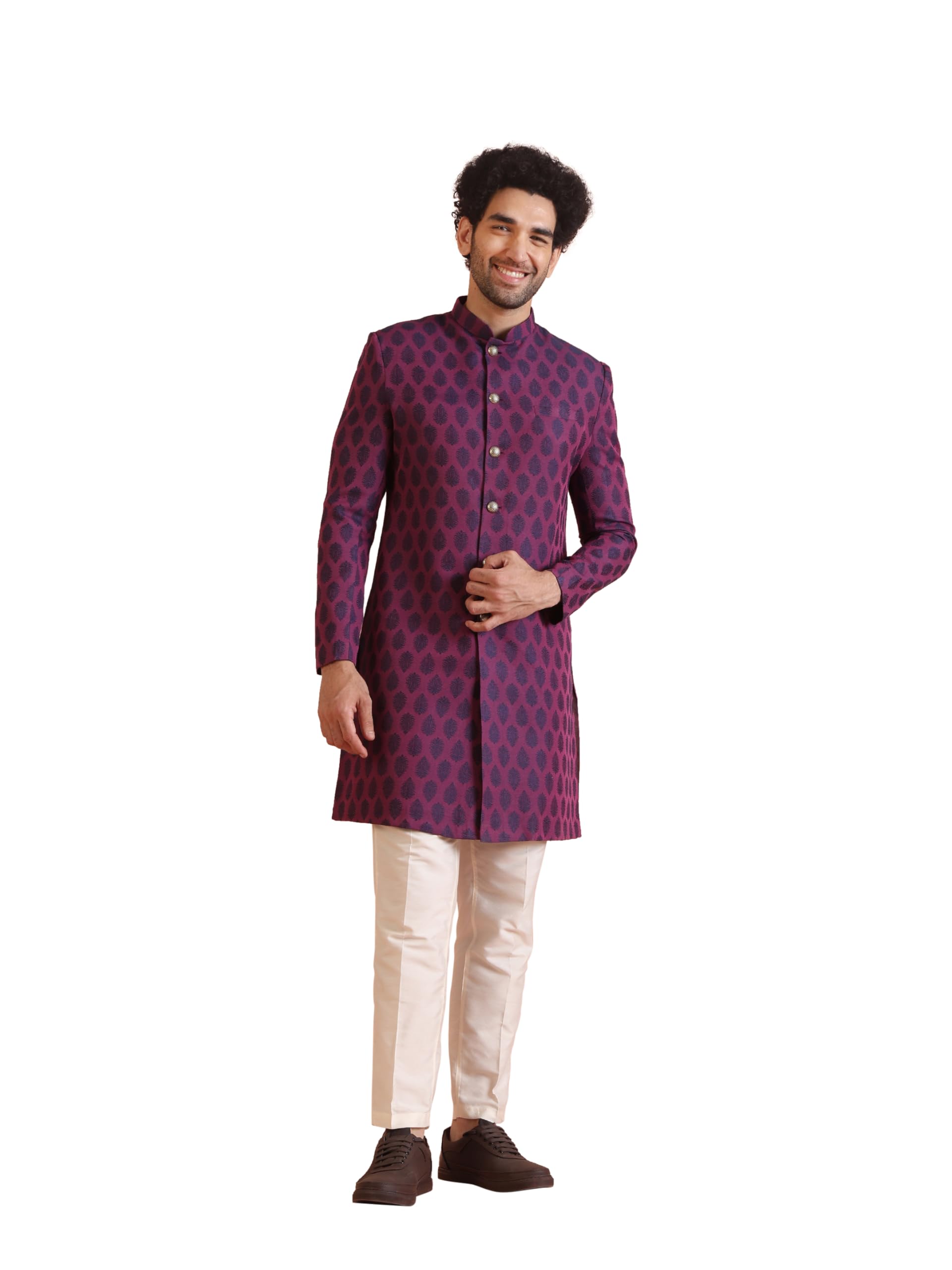 Men's Indo-Western Sherwani Trouser Set, Magenta Silk Blend, Jacquard Regular Fit Mandarin Collar Long Sleeves-image-6
