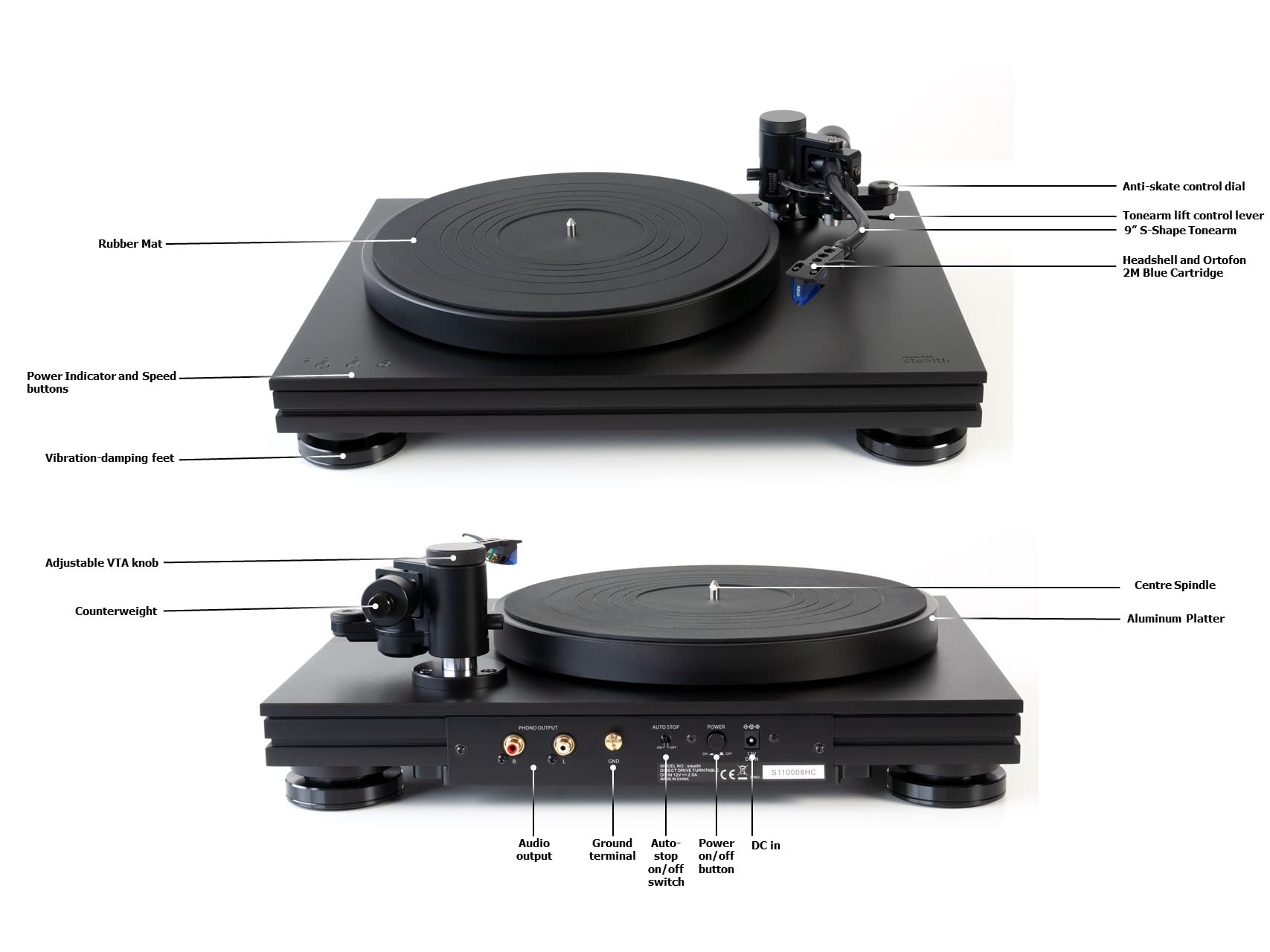 Music Hall Stealth 3-Speed Direct-Drive Audiophile Turntable with a Unique Multi-Layer Plinth Design | Pre-Mounted Ortofon 2M Blue Cartridge | 9" S-Shape Tonearm w/Detachable Headshell | - Image 8