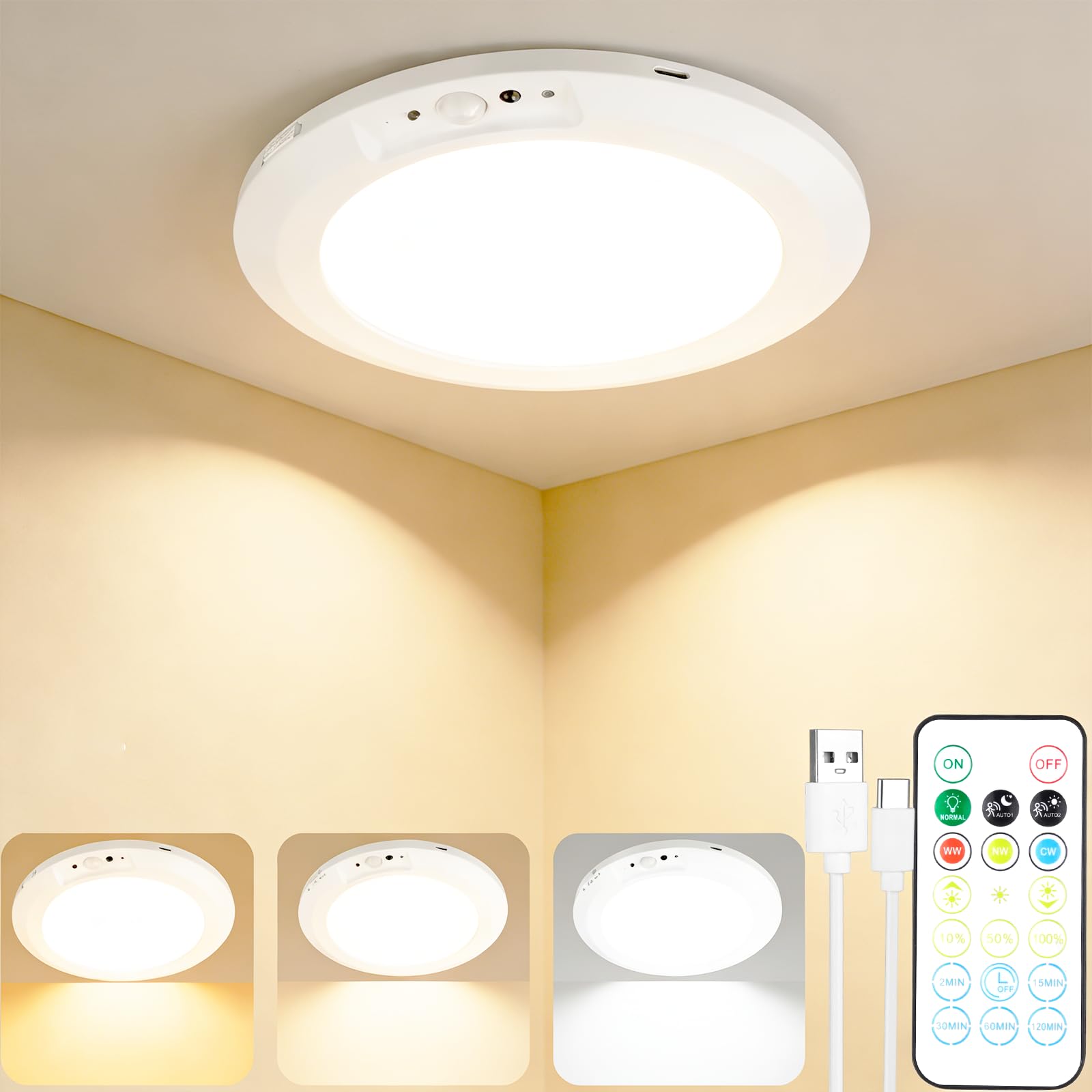 LUM9EX8 Rechargeable PIR Motion Sensor Light with Remote | Magnetic Wireless Ceiling/Wall Light | Battery Powered for Shed, Loft, Bathroom