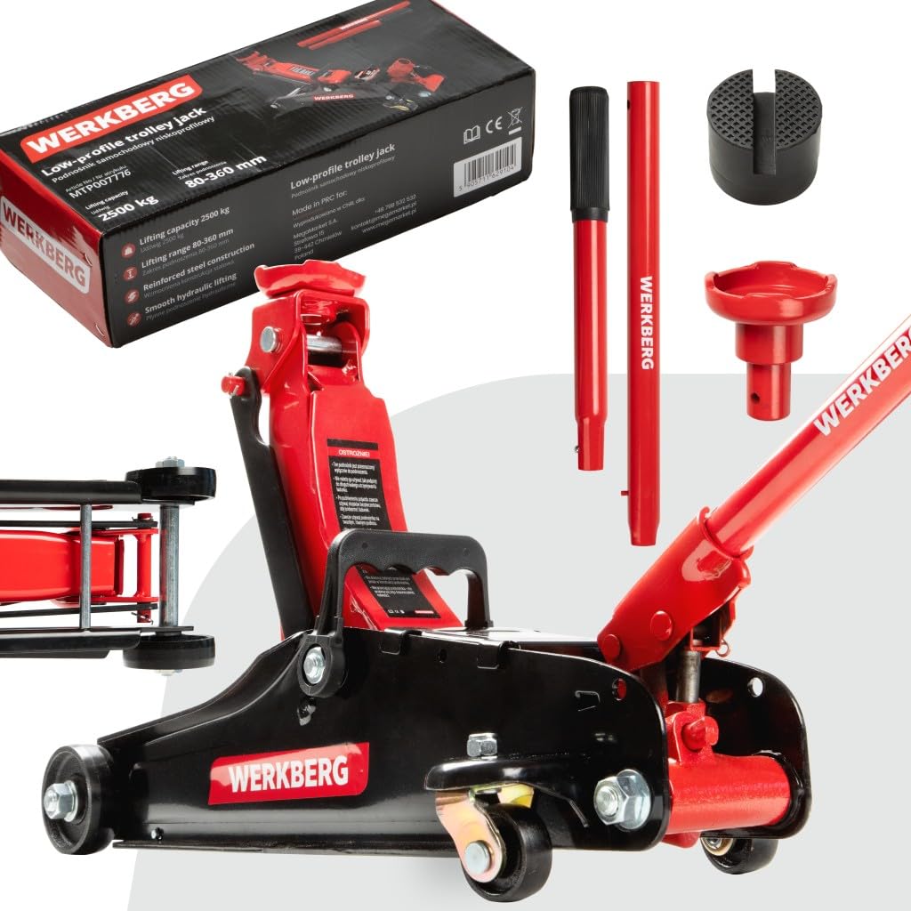 Cric idraulico per auto a basso profilo 2,5T 80-360 mm, rana da officina con valvola di sicurezza e blocco, rosso