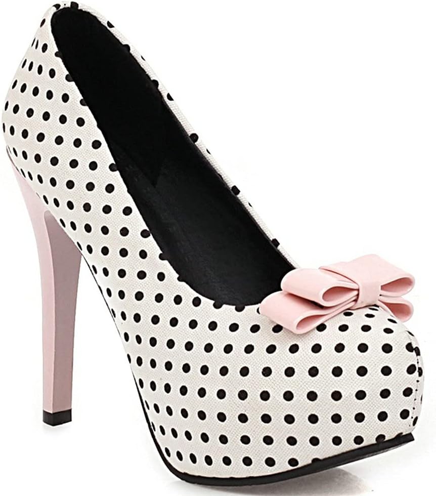 KOKOMOMO Womens Polka Dot High Heels Round Toe Platform Stiletto Pumps with Bows