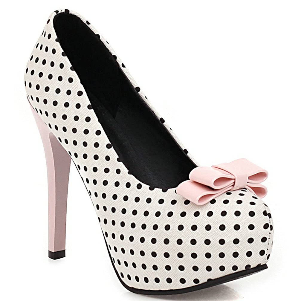 KOKOMOMO Womens Polka Dot High Heels Round Toe Platform Stiletto Pumps with Bows