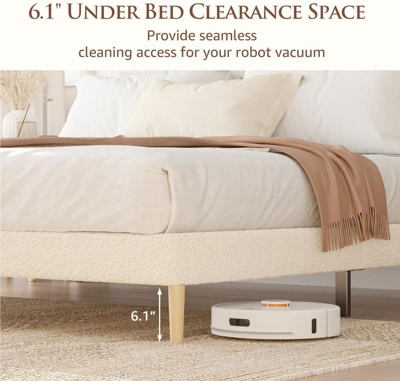 Queen Size Bed Frame with Wingback Headboard, Boucle Upholstered Platform Bed, No Box Spring Needed, 6" Under-Bed Storage, Easy Assembly, Beige