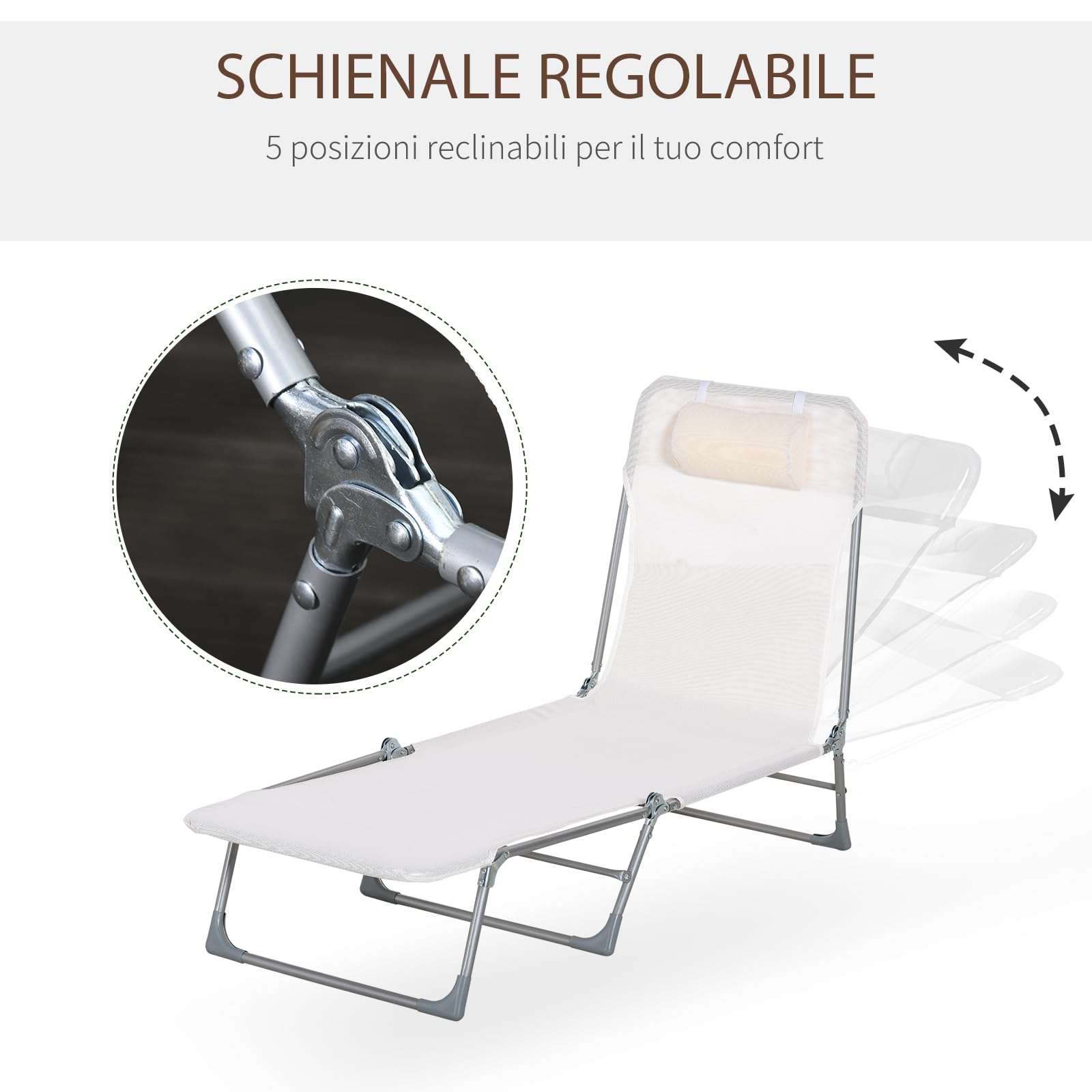 Outsunny Lettino Prendisole Pieghevole con Schienale Reclinabile su 5 Livelli e Poggiatesta, Sdraio da Giardino con Seduta Traspirante in Texteline, per Spiaggia Piscina Giardino, 182x56x28 cm, Crema