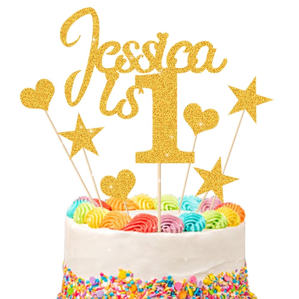 1st Birthday Cake Topper | Personalised 1 2 3 Cake Topper | Happy Birthday Decorations | Double Sided Glitter Card Any Name Age Customized - Multicolour Glitter Cake Decoration(Gold)