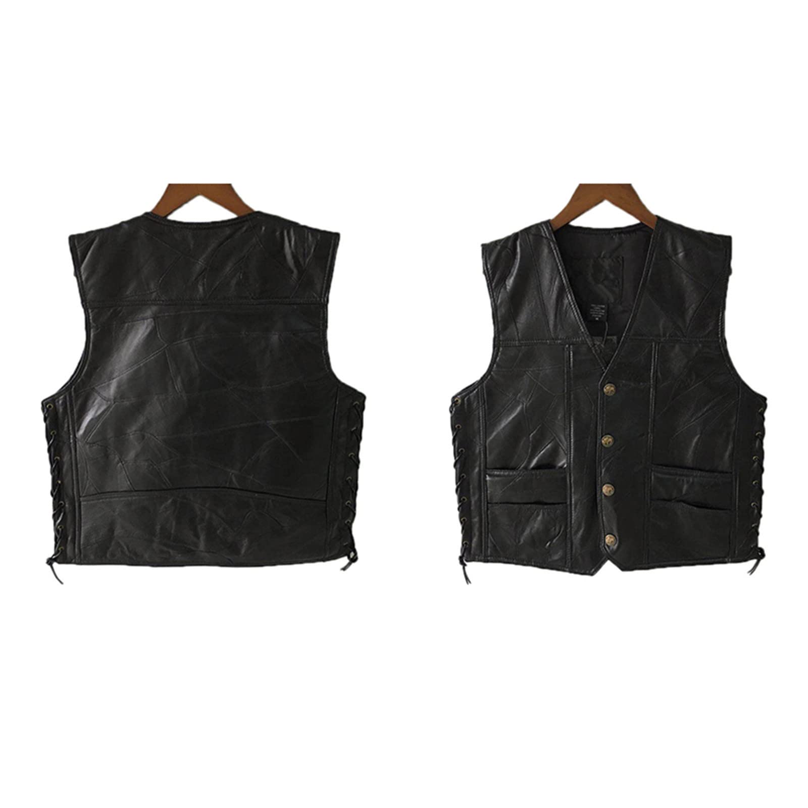 Mens Lacci Laterali Regolabile In Pelle Nera Moto Gilet Biker Gilet Morbida Pelle Di pecora