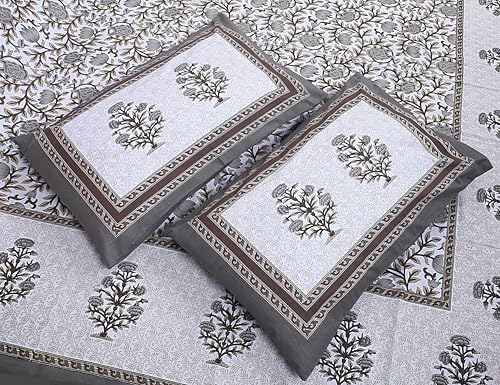 Image of Floral Printed Bedsheet for Double Bed Queen Size with 2 Pillow Covers | 144 TC Soft Cotton Blend Bedsheet | 90x100 Inch | 18x27 Inch Pillow Covers | Grey | Comfortable & Durable