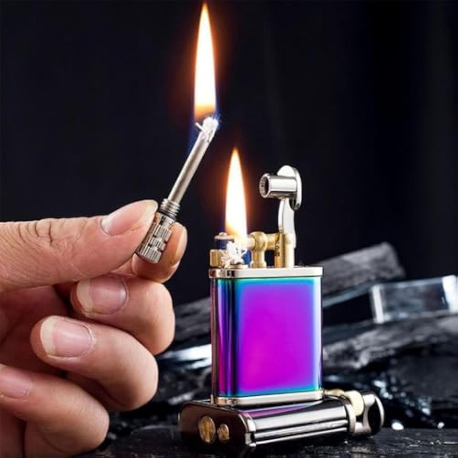 Two-in-one Kerosene Lighter, Side Sliding Grinding Wheel Ignition + 10,000-time Match Ignition, Zinc Alloy Body, Recyclable, Gift, Collection(Blue)