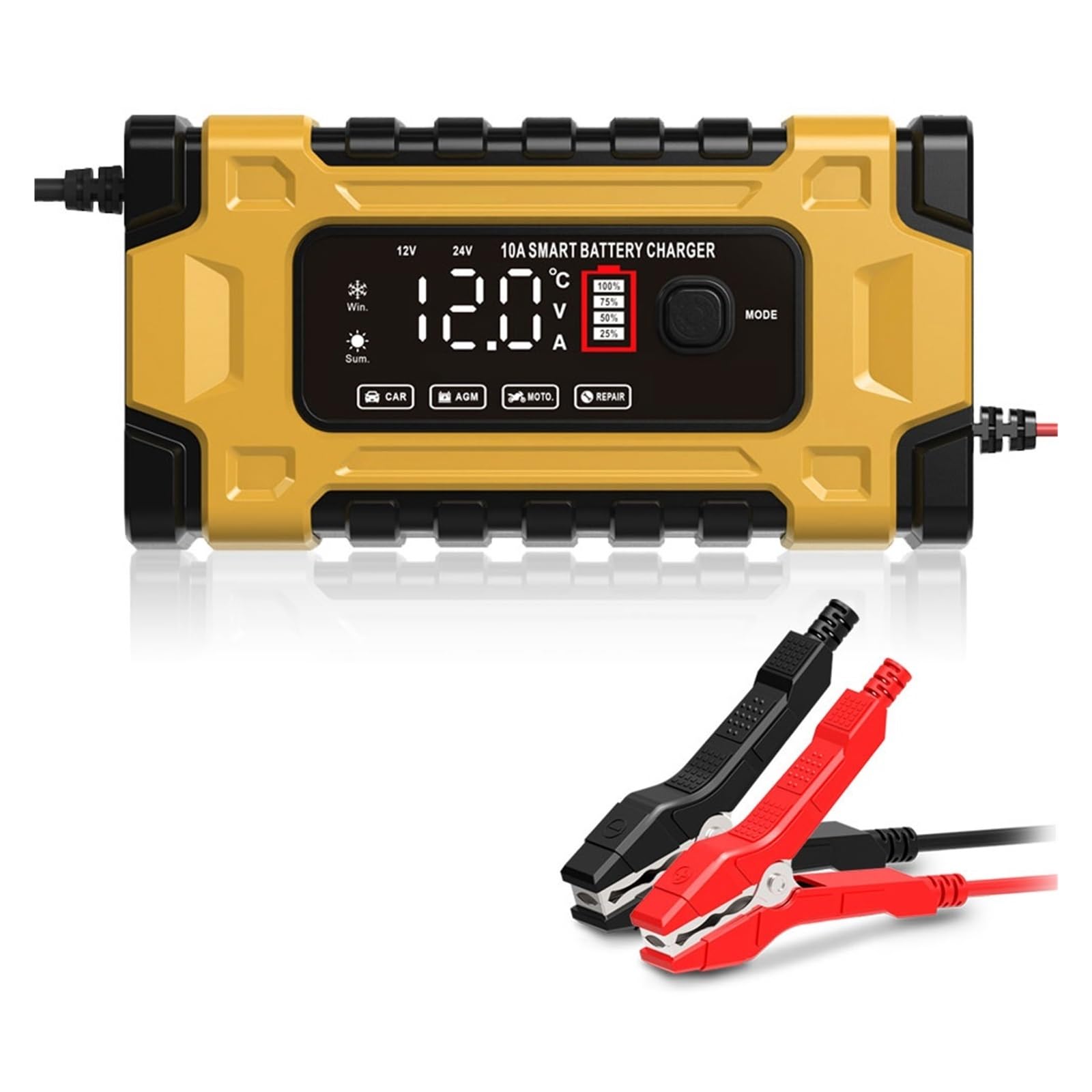 W Pełni Automatyczna Ładowarka Samochodowa 12V 10A / 24V 5A Kwasowo-ołowiowy/żelowy Wyświetlacz LCD Inteligentna Szybka Ładowarka Samochodowa Narzędzie Samochodowe Szybkie I Wydajne łAdowanie(Yellow)