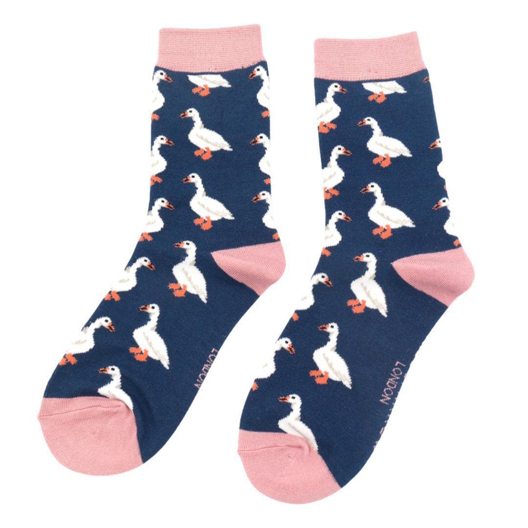 White Ducks on Navy Ladies Novelty Ankle Socks Adult One Size