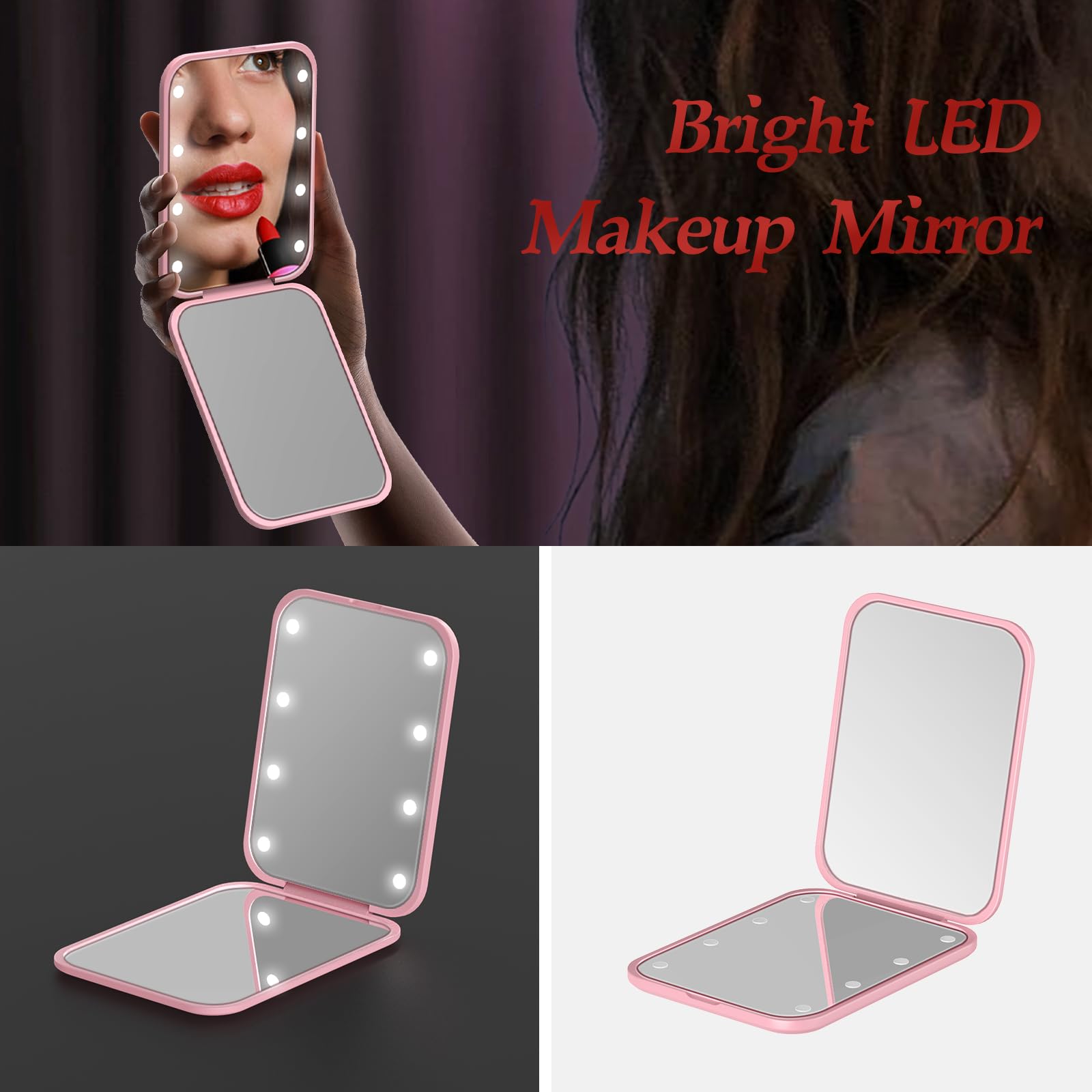 Specchio Portatile con Luce LED per Viaggio, Specchietto da Borsetta con Ingrandimento 1x/3x, Pieghevole Piccolo Specchio per Trucco per Portafoglio, Viaggio e Uso Quotidiano Ideale per a Regalo, Rosa