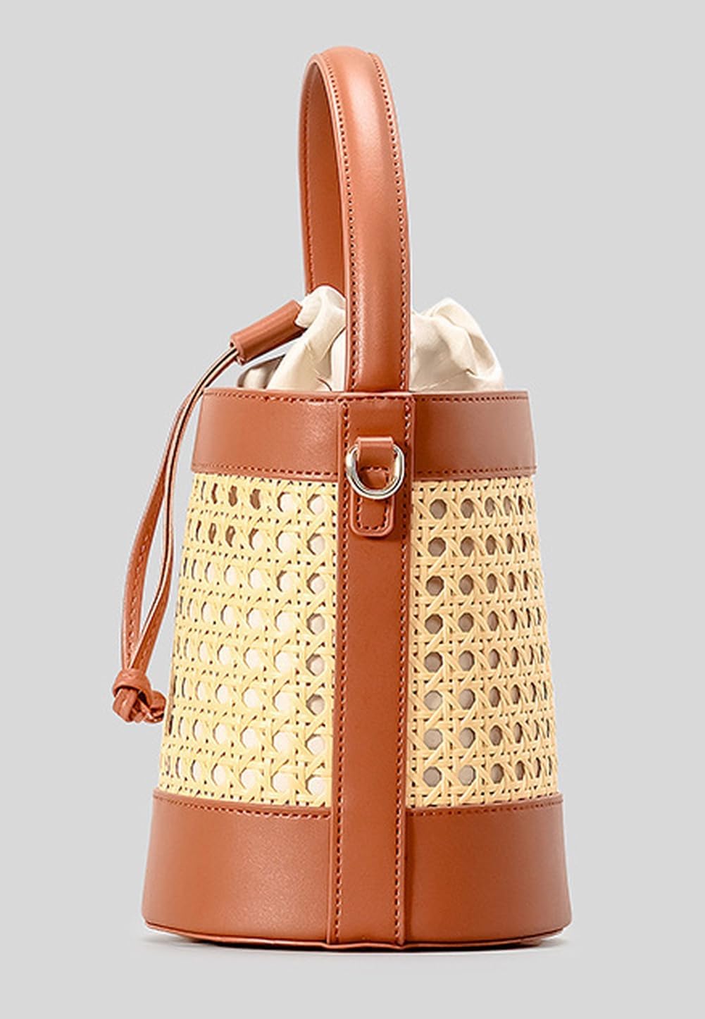 Rattan Bucket Bag for Women Straw Beach Bag Drawstring Crossbody Purse PU Leather Summer Shoulder Tote Bag Cute Hobo Bags