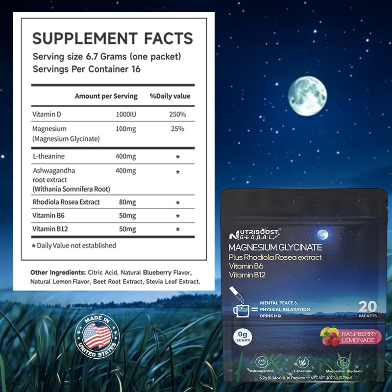 Miniatura 5 de Nutriboost - Mezcla de bebida en polvo, reductor de cortisol y suplemento de ayuda para dormir, L teanina, glicinato de magnesio, vitamina D 3, sin