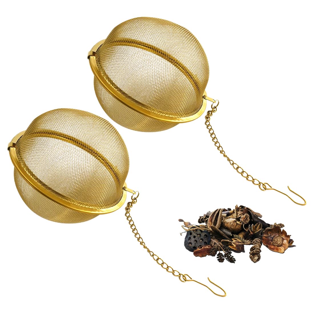 2 Unidades Bolas Infusoras Doradas de Acero Inoxidable 304, Colador de Té con Cadena para Té en Hojas y Especias, Diámetro 4.5 cm
