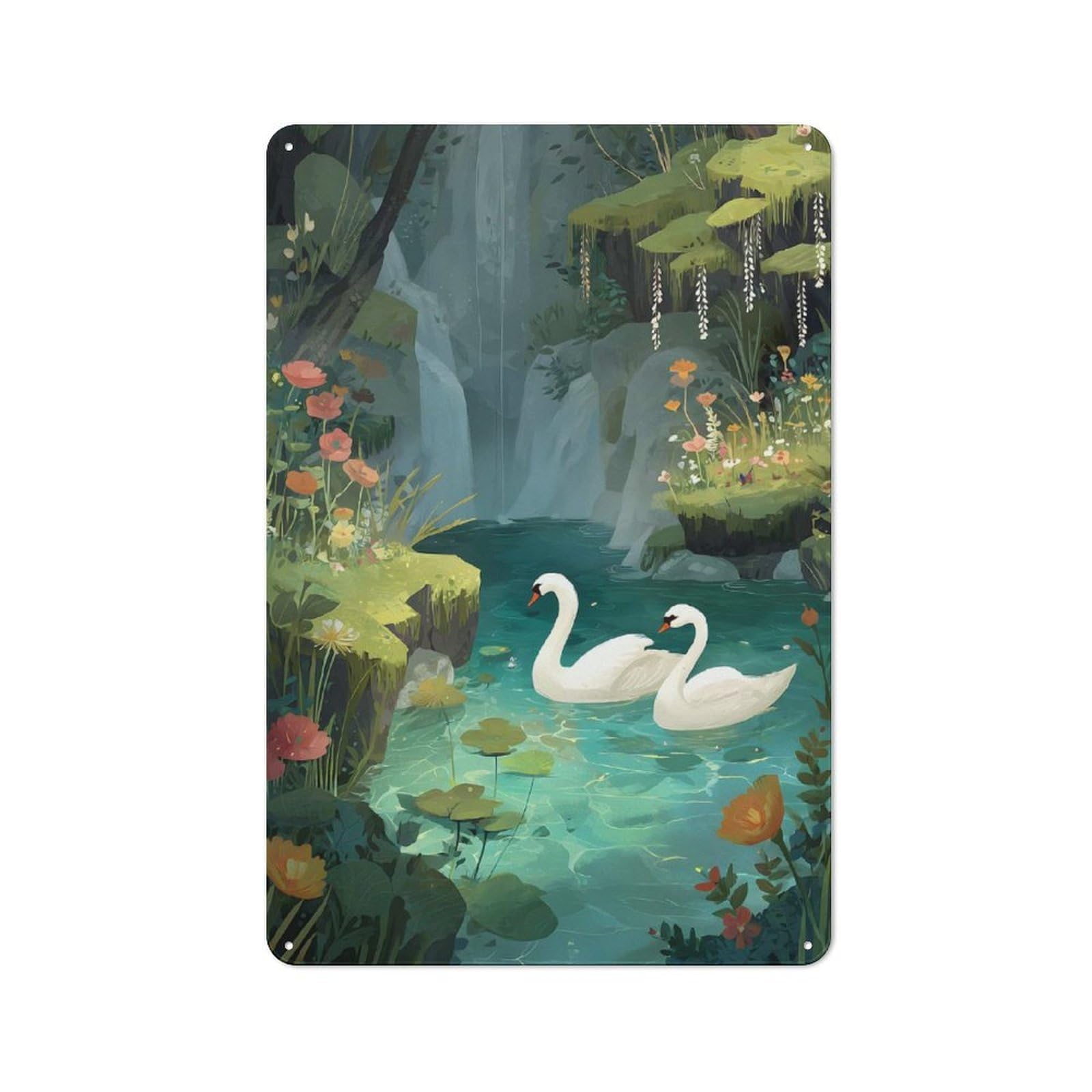 Junmoney Style-21 Swans In A Floral Waterfall Pond Shed Style Metal Wall Decor 30X20cm, Tin Sign For Conservatory, Home Bar Or Utility Room